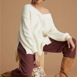 Anthropologie pilcro teddy tunic oversized v neck cream sweater